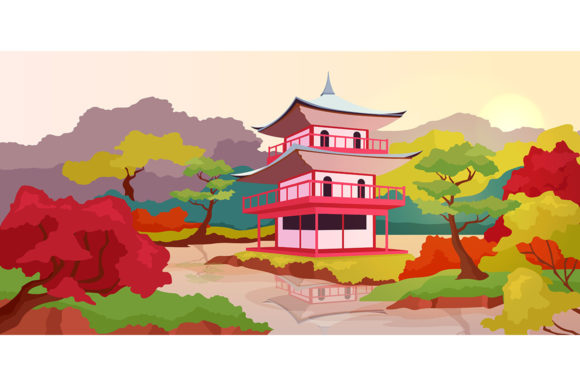 Asian Pagoda Flat Color Illustration: Design Meets Tradition