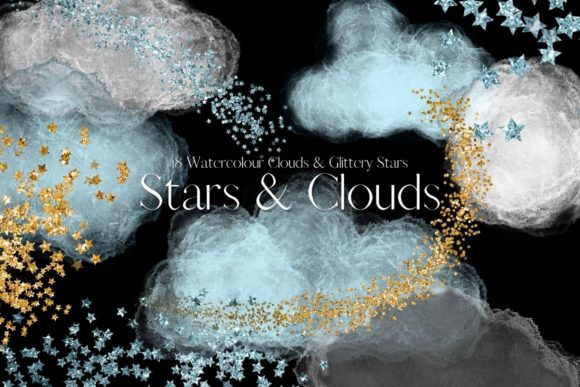 Infuse Your Designs with Whimsy: Blue Watercolour Clouds & Glitter Stars