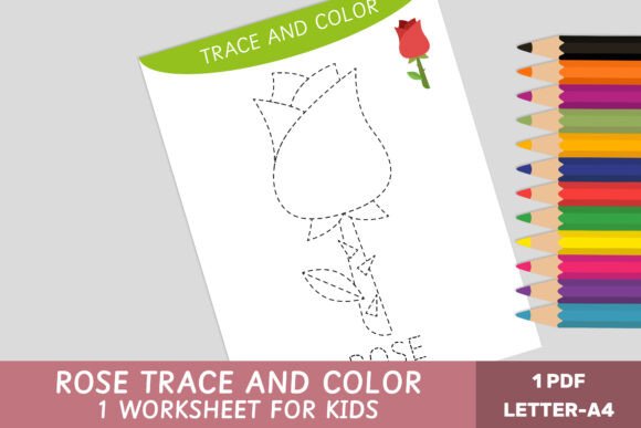 Rose Trace & Color Worksheet for Kids